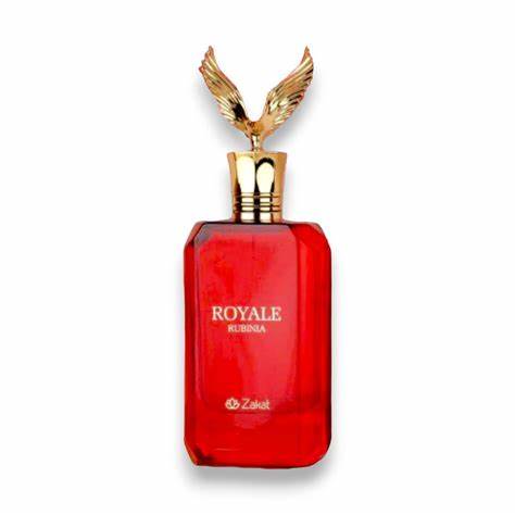Frasco de perfume rectagular color rojo, con tapa alta y en su punta tiene un agila.